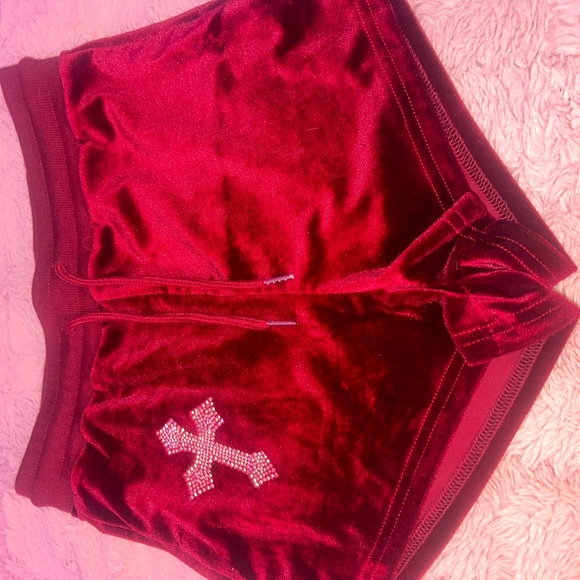Red Velvet Shorts with two Strings and Bedazzled Cross - Picture 1 of 5